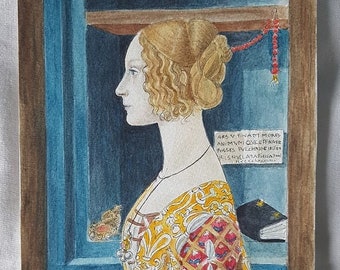 May include: A watercolor painting of a woman in a yellow and red dress. She is wearing a necklace and has her hair pulled back. The painting is framed in a brown frame. The text in the painting reads: "ARS VTINAM MORE ANIMVM QVICQVIDER POSSES VELCHIDE INTE RIS NVLLA MARELLA"