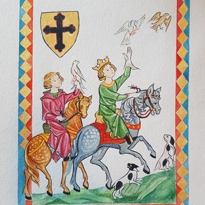 May include: A medieval-style illustration of two people on horseback, one wearing a crown and the other a red robe. The people are riding towards the right side of the image. There are two dogs and three birds in the background. The image is framed with a gold and blue border.