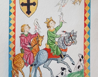 May include: A medieval-style illustration of two people on horseback, one wearing a crown and the other a red robe. The people are riding towards the right side of the image. There are two dogs and three birds in the background. The image is framed with a gold and blue border.