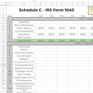 Schedule C IRS Form 1040 Spreadsheet Excel Google Sheets Etsy