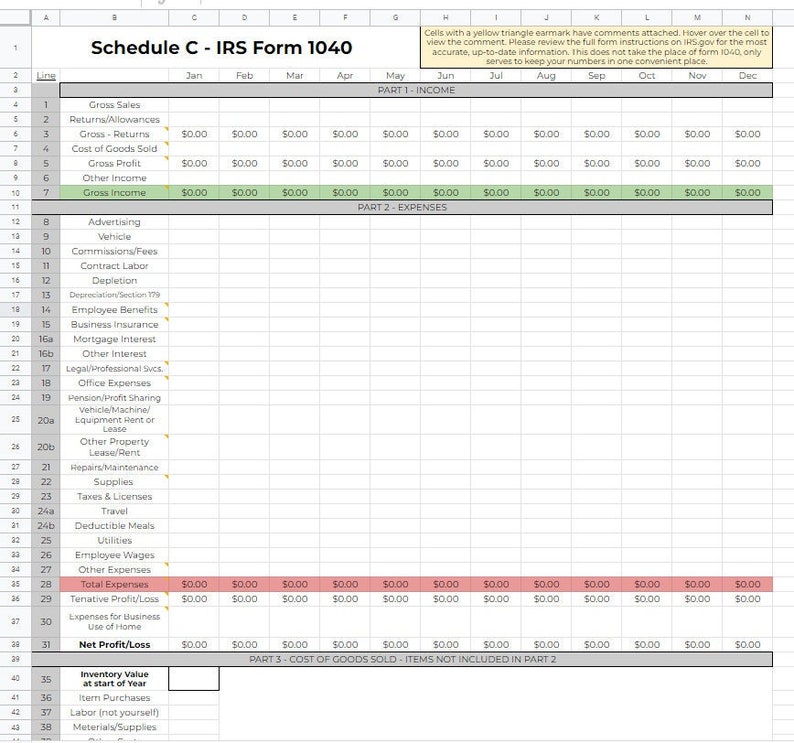 Schedule C IRS Form 1040 Spreadsheet Excel Google Sheets Etsy Schedule C IRS Form 1040 Spreadsheet Excel Google Sheets Etsy