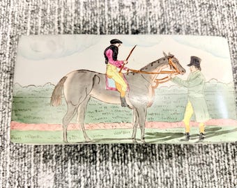 Vintage Porcelain Trinket Box – Equestrian Horse Riding Scene, Hand-Painted, Gold Trim