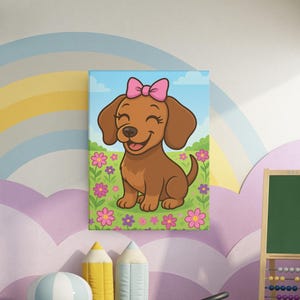 Smiling Dachshund with Bow in Flower Field - Cute Cartoon Dog Wall Art, Digital Download for Dog Lovers