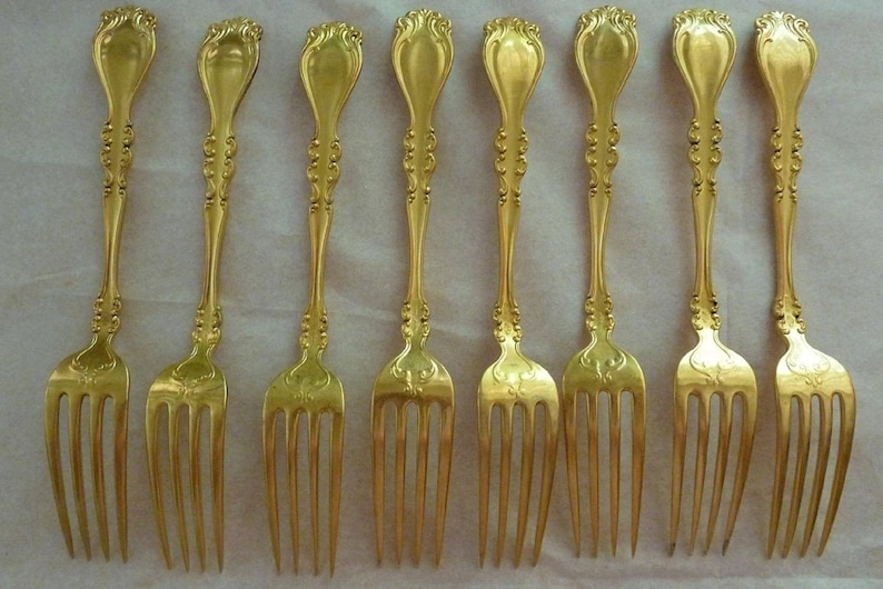 Marsailles Pattern Sterling Silver Vermeil Forks 6 12 Lot of Eight 8 Antique Alvin Silver Manufacturing Company