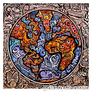 Puede incluir: Una pintura abstracta colorida con un diseño circular. La pintura presenta una variedad de formas, líneas y patrones en tonos de azul, rojo, amarillo, naranja y negro. El centro de la pintura es un círculo con un diseño en espiral.