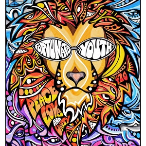 May include: A colorful psychedelic illustration of a lion's face with sunglasses and the words "Fortunate Youth" above the eyes. The lion's face is surrounded by a variety of abstract shapes and patterns, including peace signs, hearts, and the words "Peace Love and Unity". The words "Trippin" and "DBS 2020" are also visible in the image. The image is signed "Design by Danny Steinman".
