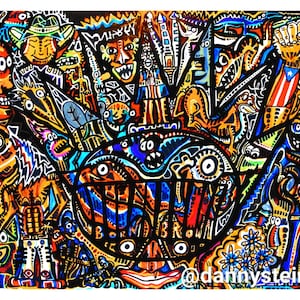 May include: A vibrant, multi-colored painting filled with dense, chaotic doodles of various figures, animals, and abstract shapes. The central focus is a large, dark, oval-shaped mouth with teeth, featuring the text BORN BROWN. The artist handle @dannysteinman is visible at the bottom right.