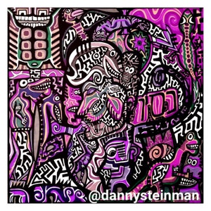 Könnte beinhalten: Ein psychedelischer abstrakter Kunstdruck mit einem schwarz-weißen Muster und einem Farbschema in Pink, Lila und Grün. Der Druck zeigt eine Vielzahl von Formen und Linien, darunter Wirbel, Kreise und Quadrate. Der Druck ist unten rechts mit "@dannysteiman" signiert.
