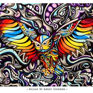 May include: A colorful, abstract illustration of an owl with its wings spread wide. The owl is surrounded by swirling patterns and eyes in shades of blue, purple, yellow, red, and black. The text "Design by Danny Steinman" is at the bottom of the image.