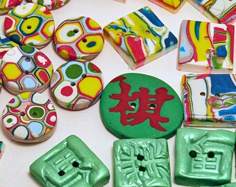 1/2 price Polymer Clay Button Set: Jewel Hexagon, Japanese Character Imprint