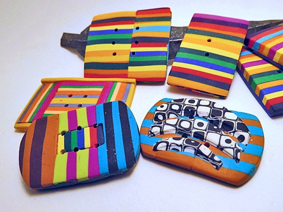 Buttons. Large Striped Rectangular Buttons. Unique, Hand Made Buttons for  Crafts and Clothing. Bright, Multi-coloured Striped Buttons. 