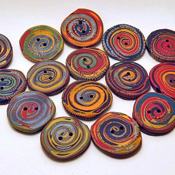 Buttons. Spiral buttons with random multi-coloured patterns. Unique decorative buttons for crafts and clothing. Sold individually.