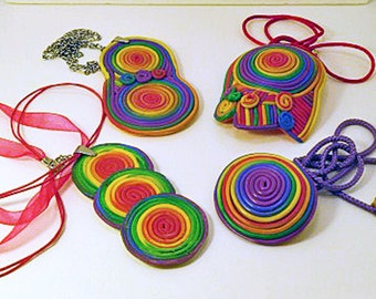 Necklace with pendant. Rainbow spiral pendants in 4 necklace designs. Unique hand made pendants with chain or coloured cord supports.