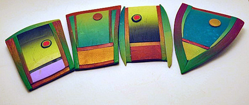 Brooches. Abstract art brooches with gradient colour panels. Unique hand made brooches for clothes, hats and bags. Fun, colourful designs. image 1