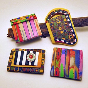 Brooches. Small brooches in stripes or tiles. Unique hand made brooches with stripes and mosaic tile designs. Fun, colourful brooches.