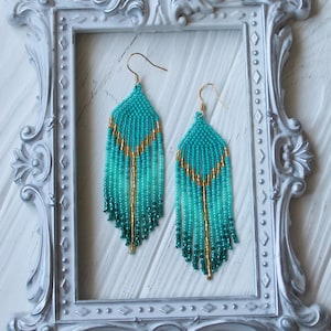 Clip on earrings / hooks Turquoise beaded earrings Long boho dangle earrings Seed bead earrings Fringe earrings Native earrings Jewelry gift