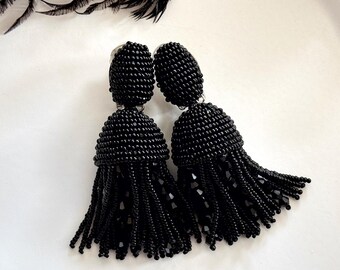 Jet Black Beaded Tassel Earrings Charlotte Beadwork with crystals Clip on Boho Statement Fringe Evening Jewelry Handmade Gift Her