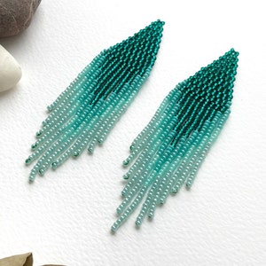 Clip on earrings or ear hooks Teal green turquoise beaded earrings Boho earrings Fringe dangle earrings Long statement earrings Jewelry gift