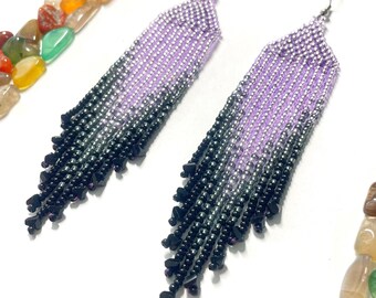 Purple Black Beaded Fringe Earrings Boho Dangle Clip On/hooks Jewelry gift