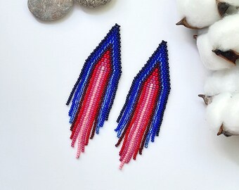 Blue pink beaded fringe earrings Long ombre  Statement  Jewelry boho gift