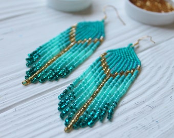 Turquoise beaded earrings - Clip on earrings or ear hooks - Long boho dangle earrings - Fringe seed bead earrings - Dangly earrings