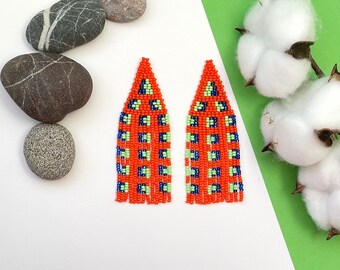 Orange colorful Beaded Fringe Earrings Long Boho Geometric Dangle Statement Jewelry gift