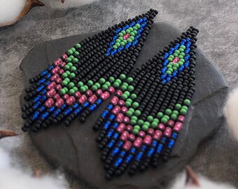 Dangle black colorful native beaded earrings Seed beads Clip-on/hooks fringe Statement Jewelry gift