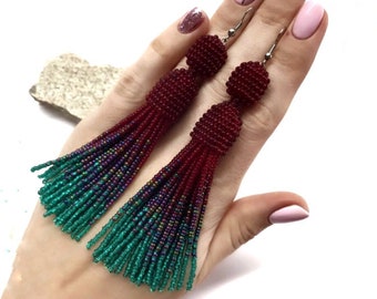 Beaded fringe earrings - Dangle tassel earrings - Red green earrings - Statement earrings