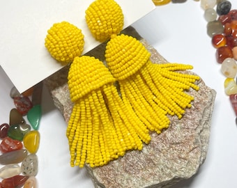 Yellow clip on beaded tassel earrings Long dangle Fringe statement Boho Jewelry gift