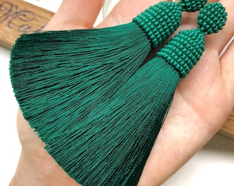 Green long tassel earrings Silver studs earrings Dangle fringe earrings Boho beaded earrings Large earrings Statement earrings Christmas