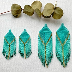 Turquoise beaded earrings Long Fringe earrings Dangle earrings Seed bead earrings Clip on earrings Jewelry gift Boho beadwork earrings