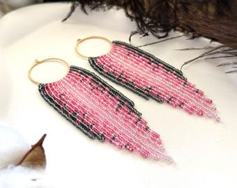 Pink gray Beaded Fringe Hoop Earrings, Clip-on/hooks Boho Seed Beads Tassel Statement Dangle Handmade Boho Jewelry Gift for Her