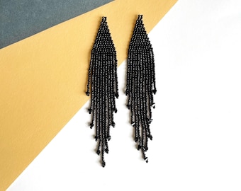 Jet black beaded earrings Clip-on/hooks Long Fringe Dangle jewelry gift Boho statement