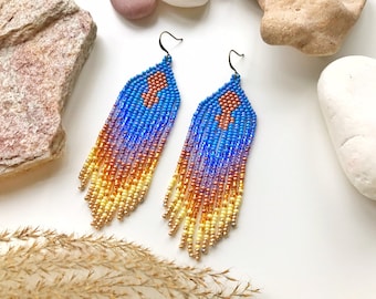 Clip on earrings or ear hooks Blue gold beaded earrings Ombre statement fringe earrings Long boho dangle earrings gift Native earrings