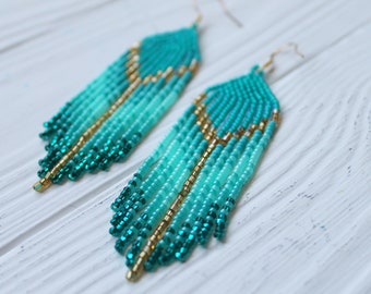 Turquoise beaded earrings - Clip on earrings or ear hooks - Long boho dangle earrings - Fringe seed bead earrings - Dangly earrings