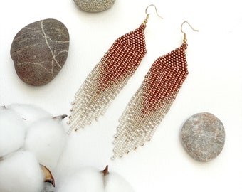 Beige bronze beaded earrings Long Fringe Dangle Seed bead Clip on/hooks Jewelry gift