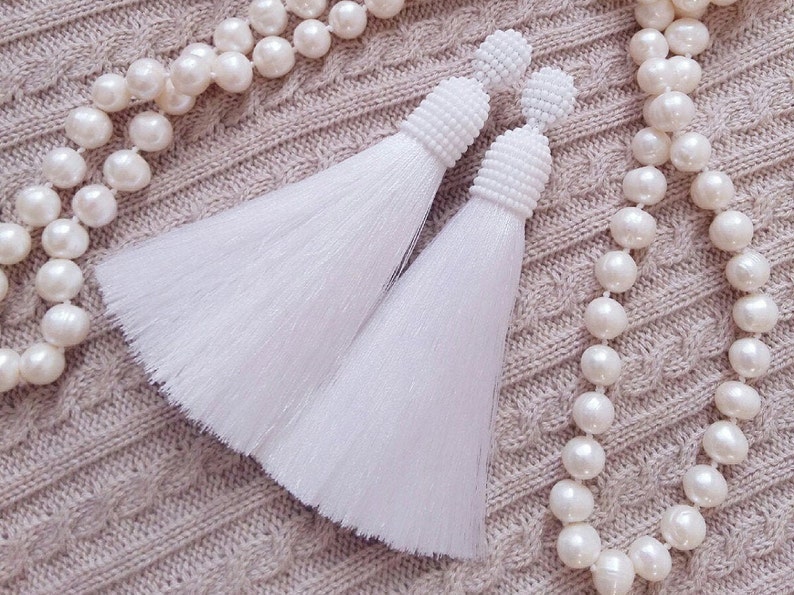 White clip on earrings White dangle tassel earrings Long Etsy
