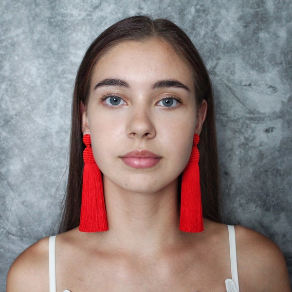 Red dangle tassel earrings Clip on earrings or silver studs - Trendy earrings - Dangly earrings - Statement unique earrings - Jewelry gift