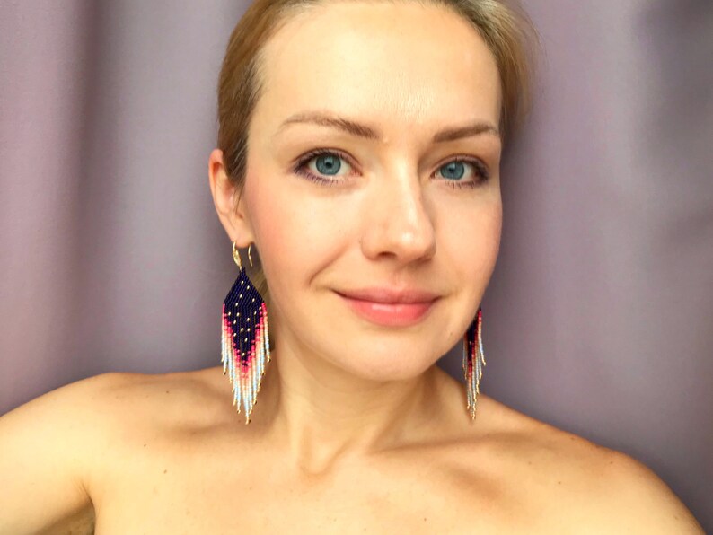 Long fringe bead earrings Statement earrings Unique earrings Navy blue dangle beaded earrings Dangly earrings Boho earrings