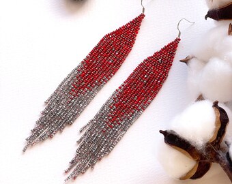 Clip-on/hooks Shiny red silver beaded earrings Gradient Long boho fringe iridescent Jewelry gift