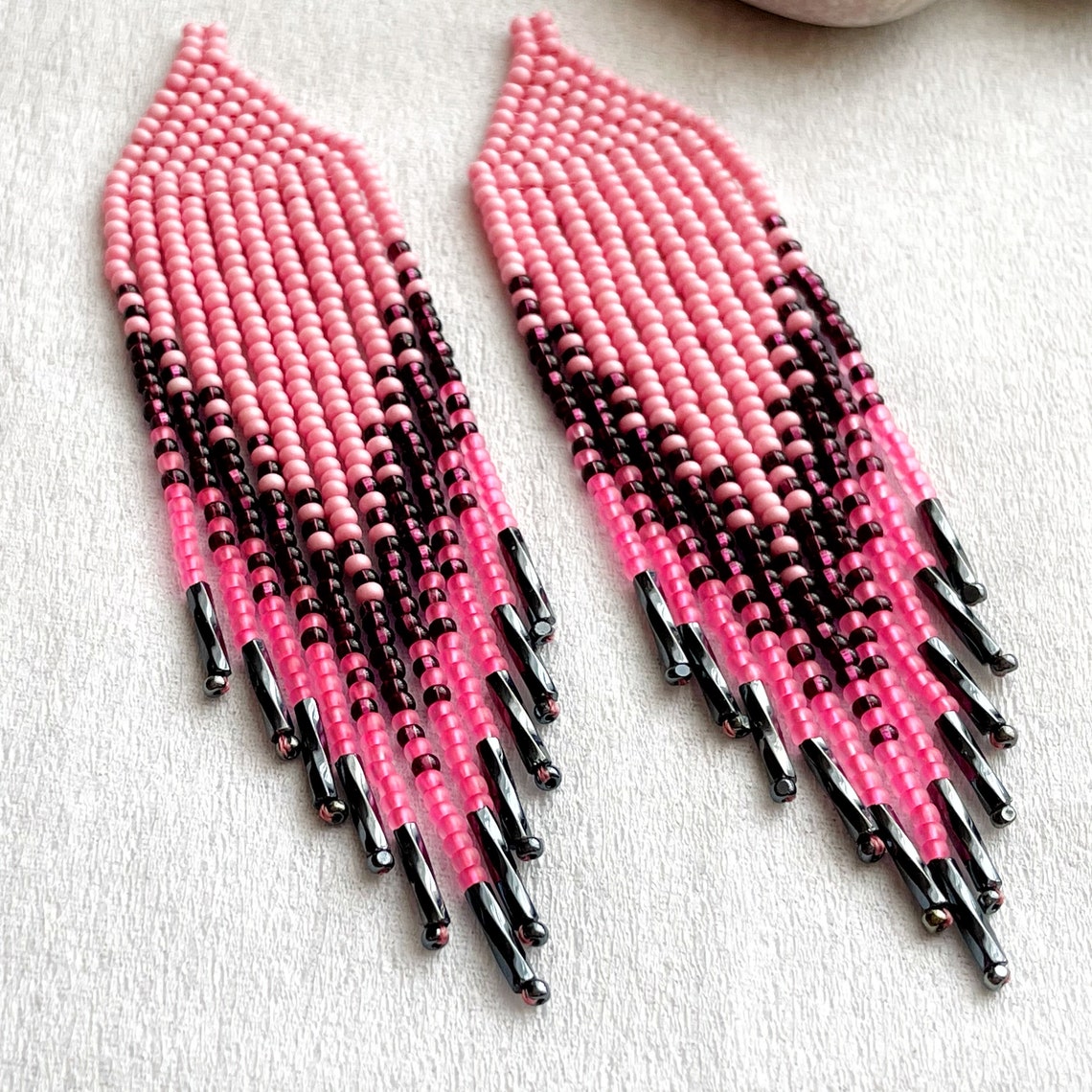 Pink Beaded Earrings Long Fringe Earrings Clip on Earrings /ear Hooks ...