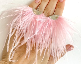 Pink feather earrings Clip on/hooks Large dangle Boho statement Jewelry gift Fringe earrings