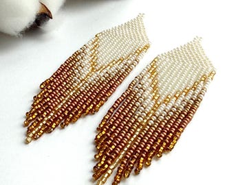 Beige gold Beaded earrings Clip on/hooks Long boho dangle Fringe Jewelry gift