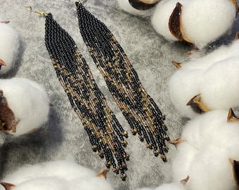 Long black gold beaded earrings Boho fringe Dangle clip-on/hooks Statement Jewelry gift