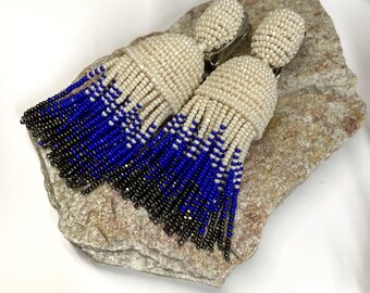Beaded Tassel Clip On Earrings Boho Chandelier Fringe, Ivory Blue Bronze jewelry gift