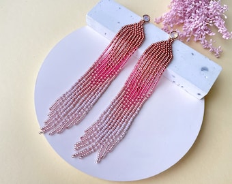 Long beaded native earrings clip-on/hooks dangle Pink ombre Boho Statement fringe Jewelry gift