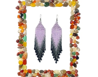 Purple black beaded earrings Long Fringe Dangle earrings Seed bead Clip on earrings or Ear hooks Boho Statement earrings Jewelry gift
