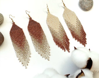 Beige bronze beaded earrings Long Fringe Dangle Seed bead Clip on/hooks Jewelry gift
