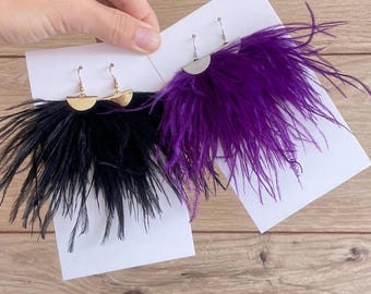 Feather earrings Clip on/hooks Large dangle Boho statement Jewelry gift Long Boho Fringe