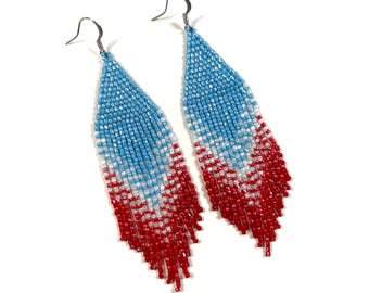 Turquoise Beaded Clip On/hooks Earrings Long Fringe Boho Dangle Jewelry gift
